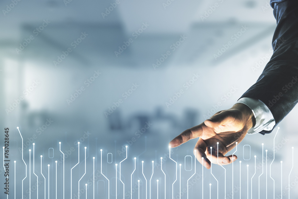 Poster man hand clicks on abstract virtual micro chip hologram on blurred office background, artificial int