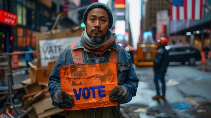 a construction worker with the sign "vote" stands in New York City against the backdrop of a construction site and construction equipment, with the US flag blurred in the background