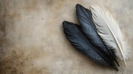   A few black-and-white feathers lay on a concrete floor beside each other on a wall