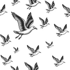 seagulls seamless background texture pattern sketch engraving generative ai raster illustration. Scratch board imitation. Black and white image.