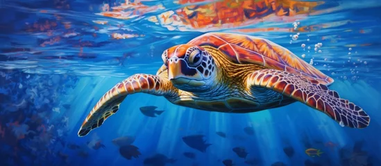Fotobehang An electric blue sea turtle gracefully swimming in the liquid depths of the ocean, showcasing the beauty of marine biology and wildlife. A stunning artwork blending art and science © AkuAku