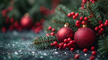 Obraz premium A Christmas tree, captured in detail, with vibrant red baubles hanging from evergreen branches, covered in snowflakes on the ground