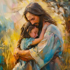 Jesus Christ hugs kid girl, love . Religious oil illustration generated with AI