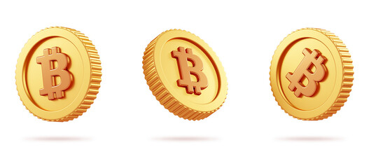 Various bitcoin BTC golden coins floating isolated on transparent background in 3D cartoon illustration