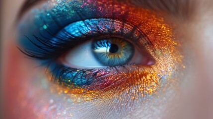   Close-up photo of blue eyes with sparkly glitter irises - obrazy, fototapety, plakaty