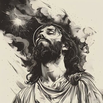 Portrait of Jesus praing , black and white illustration generated with AI. Religion	