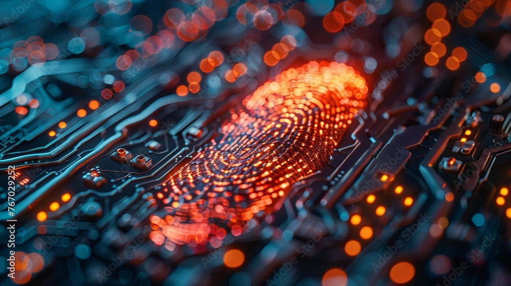 Poster 3d illustration featuring a fingerprint integrated into a printed circuit board, releasing binary co