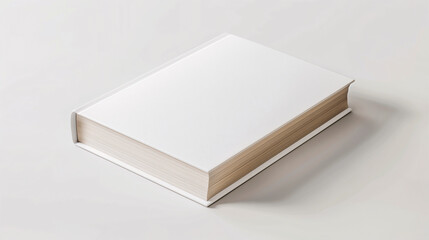 Mock-up of a thick book with blank white cover on a plain white background. New modern minimal book in isometric view.