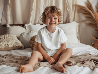 A young boy is sitting on a bed with a white shirt and shorts. He is smiling and he is happy