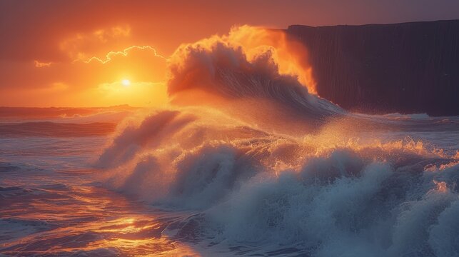   Sunset over ocean with large wave in foreground and rock outcropping in background
