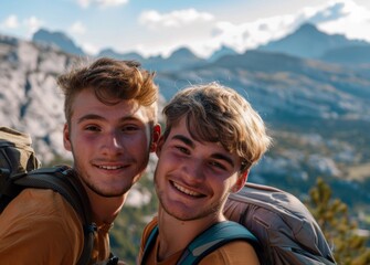 Portrait of two young men on hiking trip smiling at camera, wearing backpacks, looking happy and energetic with beautiful landscape in background, copy space concept