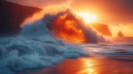 Deurstickers   A massive wave hits the shore while sunlight filters through cloudy skies above the ocean © Viktor