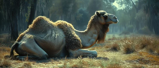 Foto auf Alu-Dibond a camel sitting in the grass in the woods © Masum