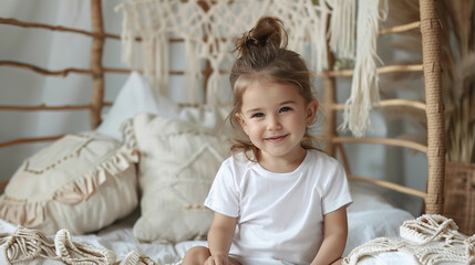 A young girl is sitting on a bed with a white shirt on and a white pillow behind her