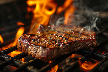 Grilled Beef Steak. Bbq concept with flame. Meat is fried on grill