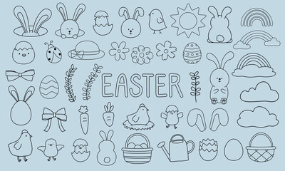 Adorable Easter Elements Outline Set. Hand-drawn Cute Bunny, Rabbit, Eggs, Baby Chick, and more. 
