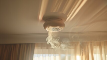Smoke detector on ceiling with safety vigilance in a smoke-filled room - obrazy, fototapety, plakaty