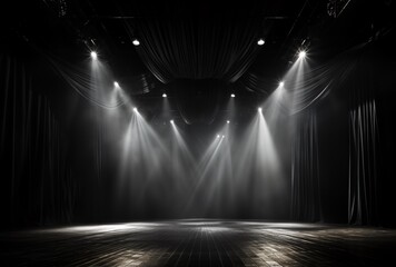 a stage with lights and a black curtain - obrazy, fototapety, plakaty