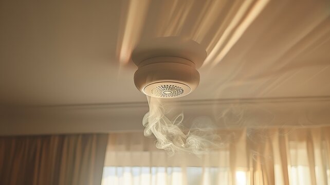 Smoke detector on ceiling with safety vigilance in a smoke-filled room