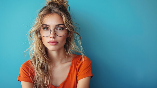 A girl with glasses and beard is sitting at the laptop, looking into camera in yellow shirt on blue background. Looking confused while thinking about something new for business concept.
