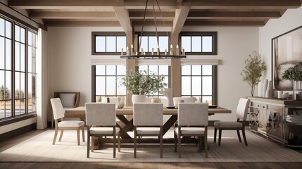 Naklejka na ściany i meble Chic transitional farmhouse dining room with wood beams shiplap walls upholstered host chairs and showstopping modern light fixture.