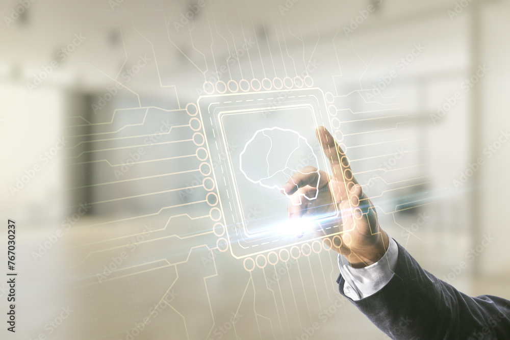 Poster double exposure of man hand working with creative human brain microcircuit hologram on blurred offic