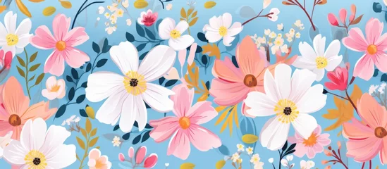 Fotobehang A creative arts piece featuring a variety of pink and white flowers on a vibrant blue background. The floral design includes intricate patterns and details of petals and cut flowers © AkuAku