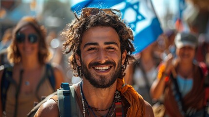 Obraz premium happy Israelis on Jerusalem city street walking toward camera, one man hold a Israeli's flag 