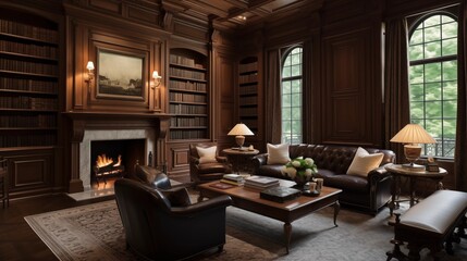 Fototapeta na wymiar Classic Georgian-style wood paneled study with coffered ceilings crown moldings built-in bookshelves and carved fireplace mantel.