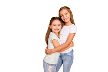 Portrait of two nice-looking cute winsome sweet attractive lovely pretty cheerful cheery positive caucasian straight-haired girls cuddling isolated over bright vivid shine yellow background