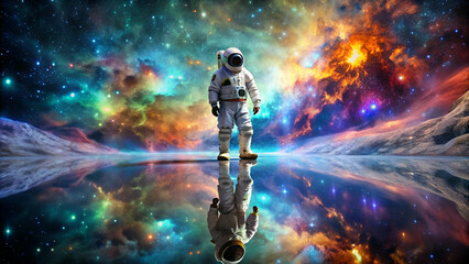 Astronaut standing on reflection surface