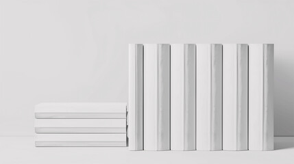 Mock-up of many book spines in same thickness and height with blank white cover on a plain white background. New modern minimal books in edge view.