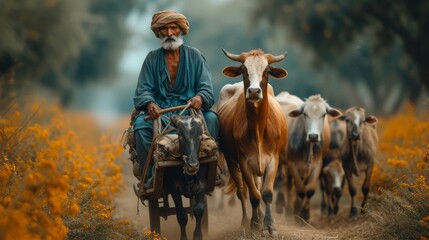   Man rides horse alongside cow herd in yellow flower field - obrazy, fototapety, plakaty
