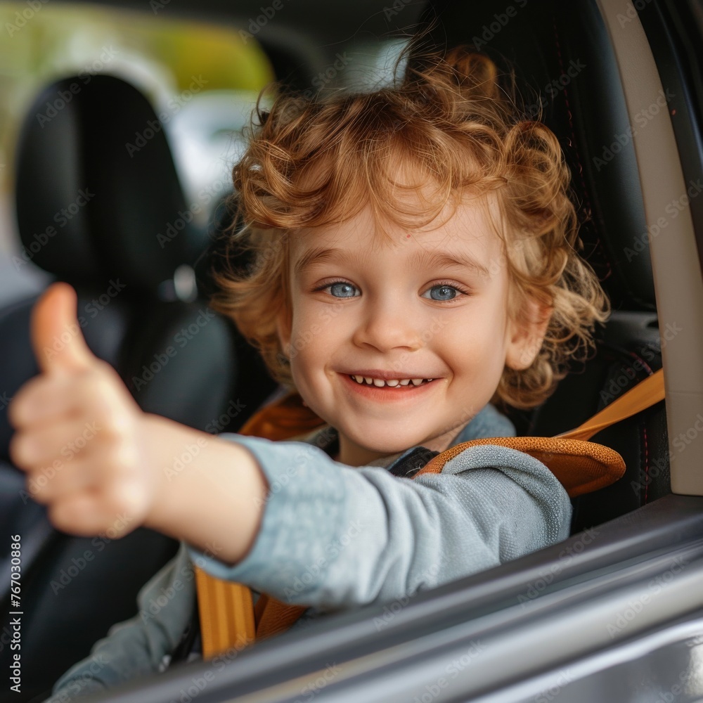 Wall mural Small child sitting in a car doing thumb up 