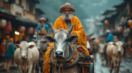   A man on a white cow rides down the street, leading a procession of other cows - obrazy, fototapety, plakaty