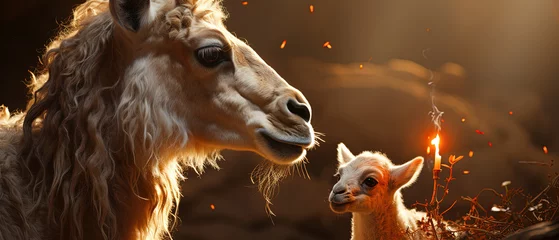 Fotobehang a llama and a baby llama standing together © Masum