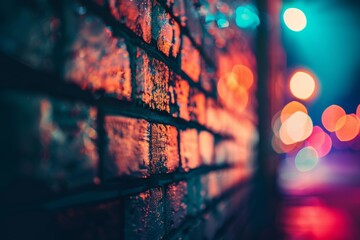 Vibrant Night Lights Reflecting on Urban Brick Wall - City Life Aesthetic