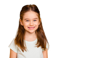 Portrait of her she nice-looking cute winsome sweet attractive lovely pretty cheerful cheery positive caucasian pre-teen girl isolated over bright vivid shine yellow background