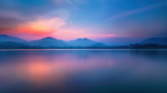 The sunset sky on the lake in southern Thailand is glowing, with the image intentionally blurred.