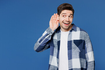 Young curious nosy Caucasian man he wear shirt white t-shirt casual clothes try to hear you...