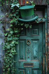 Green door with green top hat and ivy on it, Dublin, Ireland