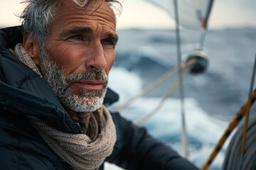 Weathered man in late 40s steering a sailing boat in rough seas - obrazy, fototapety, plakaty