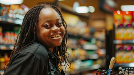 An African American woman with Down syndrome smiling happily while working as a cashier at a grocery store Learning Disability - obrazy, fototapety, plakaty