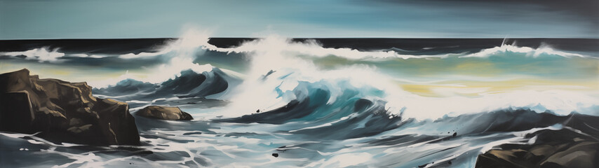 Vivid Ocean Waves Crashing Against Rocky Cliffs at Sunset - obrazy, fototapety, plakaty