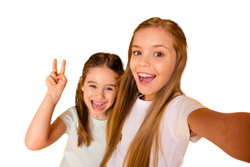 Self-portrait of nice-looking cute attractive lovely pretty cheerful cheery positive pre-teen girls...