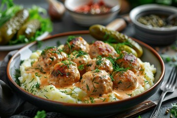 dish with chicken meatballs in creamy sauce and pickles with dill on the side, served with mashed potatoes