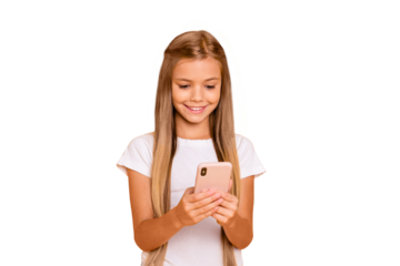 Portrait of her she nice-looking cute attractive lovely winsome cheerful cheery positive girlish pre-teen girl holding cell in hands isolated over bright vivid shine yellow background