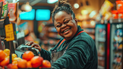 An African American woman with Down syndrome smiling happily while working as a cashier at a grocery store Learning Disability - obrazy, fototapety, plakaty