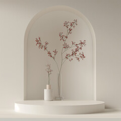 Minimalist Interior Display With Arched Niche and Elegant Drapery in Soft Light
