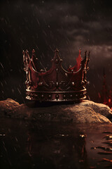 Fantasy medieval concept of a Royal crown and blood. Rise and fall of empires. Mythology and Historical death of a King or Queen. Other Symbolism: retribution, inquisition, rune, expanse, desolation - obrazy, fototapety, plakaty